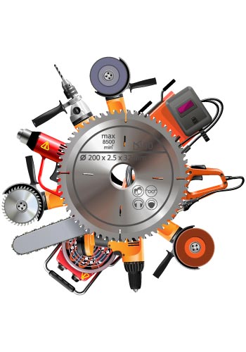 Rental equipment — saw blade surrounded by power tools